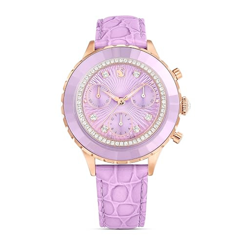 SWAROVSKI OCTEA CHRONO WATCH, SWISS MADE, LEATHER STRAP, GOLD-TONE FINISH