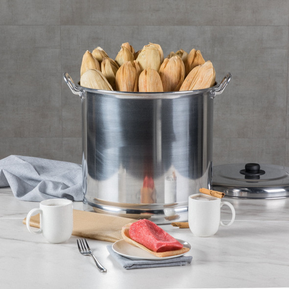 VASCONIA ALUMINUM 32 QUART STEAMER POT WITH STEAMER TRAY AND LID - ALUMINUM