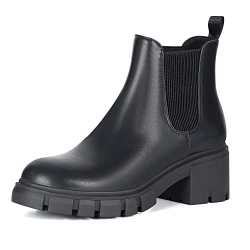 ATHLEFIT WOMEN'S CHELSEA BOOTS FASHION LUG SOLE CHUNKY HEEL ELASTIC ANKLE BLACK