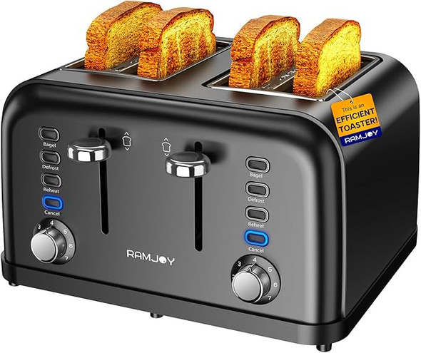 RAMJOY TOASTER 4 SLICE, DUAL INDEPENDENT CONTROLS  - BLACK STAINLESS STEEL
