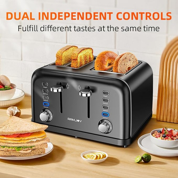 RAMJOY TOASTER 4 SLICE, DUAL INDEPENDENT CONTROLS  - BLACK STAINLESS STEEL