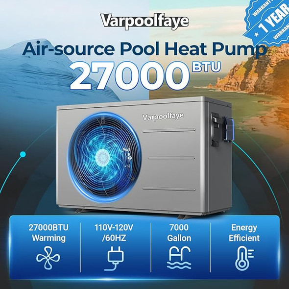 VARPOOLFAYE PRO 27000 BTU SWIMMING POOL HEAT PUMP GROUND POOL 7000 GALLON - GRAY