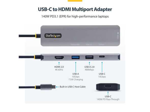 StarTech USB-C to HDMI Multiport Adapter with 140W PD Charging - 4K 60Hz HDMI -
