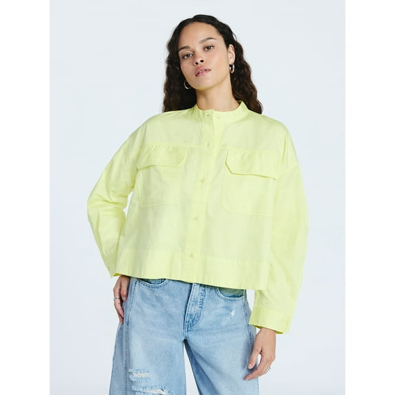 SCOOP WOMEN'S CROPPED OVERSIZED BUTTON-DOWN SHIRT LONG SLEEVES - M - LIME YELLOW New