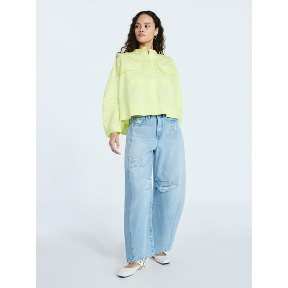 SCOOP WOMEN'S CROPPED OVERSIZED BUTTON-DOWN SHIRT LONG SLEEVES - M - LIME YELLOW New