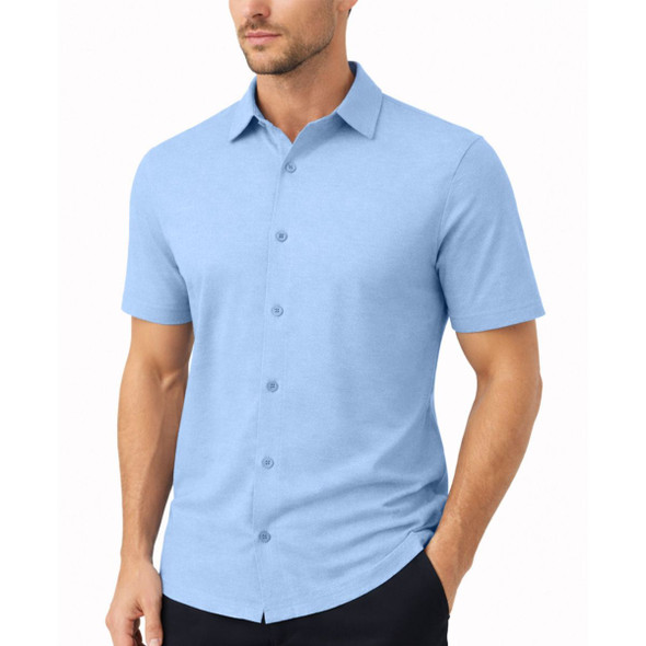 JAMES TAILOR MEN'S SHORT SLEEVE KNIT BUTTON DOWN SHIRT SIZE: MEN M - LIGHT BLUE New