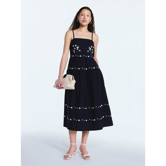 FREE ASSEMBLY WOMEN'S EMBROIDERED COTTON MIDI DRESS SIZE: WOMEN S - DARKEST NAVY New
