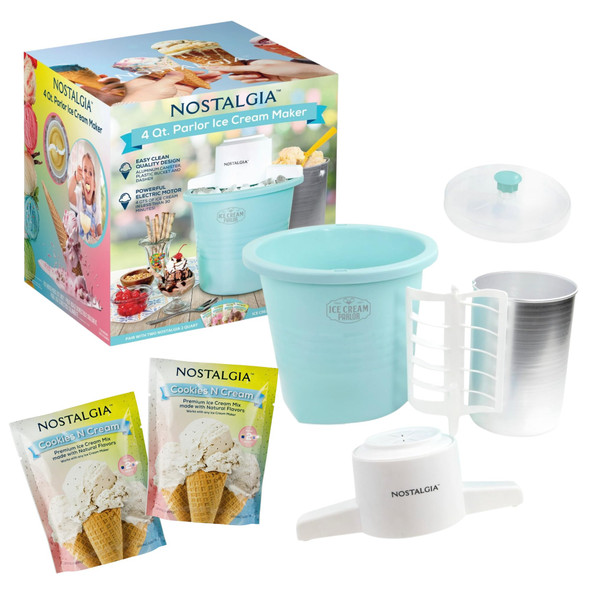 Nostalgia 4Qt Old Fashioned Electric Ice Cream Maker, 2 Cookies N Cream Mixes