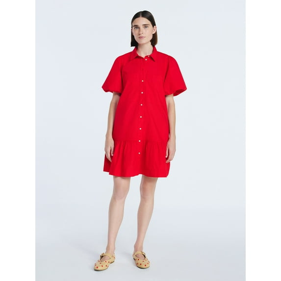 FREE ASSEMBLY COTTON RUFFLE MINI DRESS PUFF SLEEVES SIZE: WOMEN XS - RED ROVER New