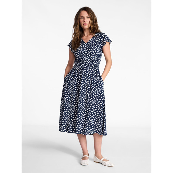 TIME AND TRU WOMEN’S SMOCKED WAIST MIDI DRESS,FLUTTER SLEEVES - 1X - DARK NAVY