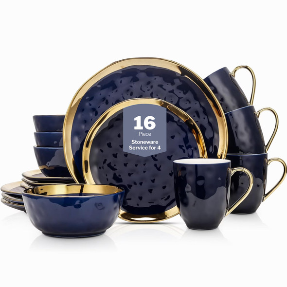 Stone Lain Porcelain 16 Piece Dinnerware Set, Service for 4, Blue and Golden Rim