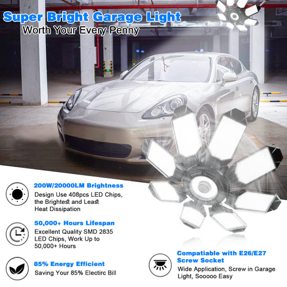 POLARPRA GARAGE LIGHT - 40000LM SUPER BRIGHT LED, 200W, 2-PACK, 6500K - BLACK