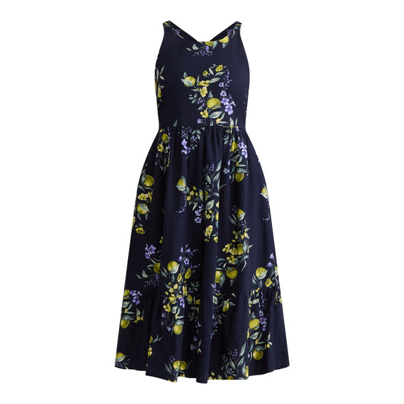 TIME AND TRU WOMEN'S TIE BACK MIDI DRESS,SIZE: WOMEN S - FRUIT BOUQUET DARK NAVY New