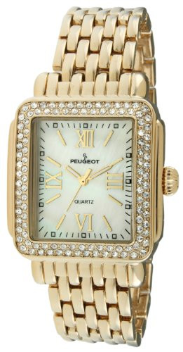 PEUGEOT WOMEN RECTANGLE DRESS WATCH WITH CRYSTAL DECORATED BEZEL - GOLD