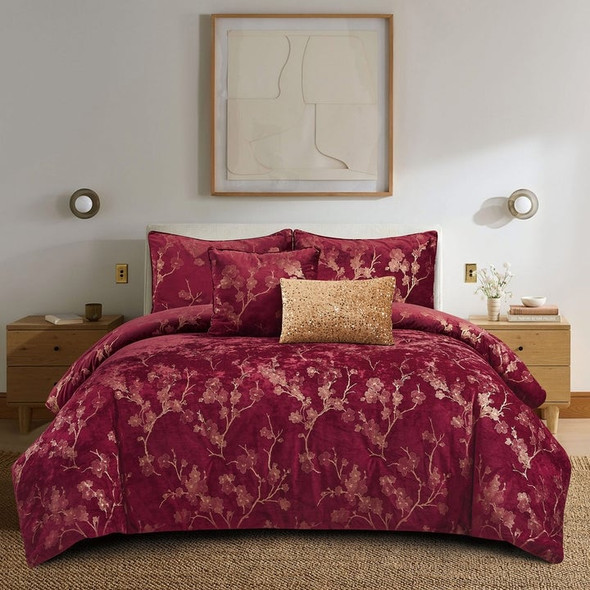 J&V TEXTILES SEOUL 5 PIECE CHENILLE METALLIC SHEEN COMFORTER SET - KING - RED New