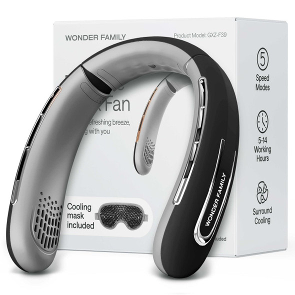 WONDER FAMILY PERSONAL NECK FAN RECHARGEABLE 4000 MAH WRAP PLUS MASK - BLACK