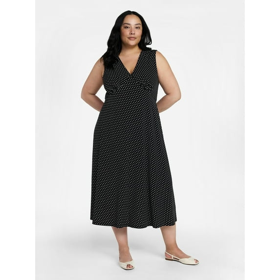 TIME AND TRU WOMEN'S SLEEVELESS V-NECK MIDI DRESS SIZE: M - BLACK SOOT POLKA DOT New