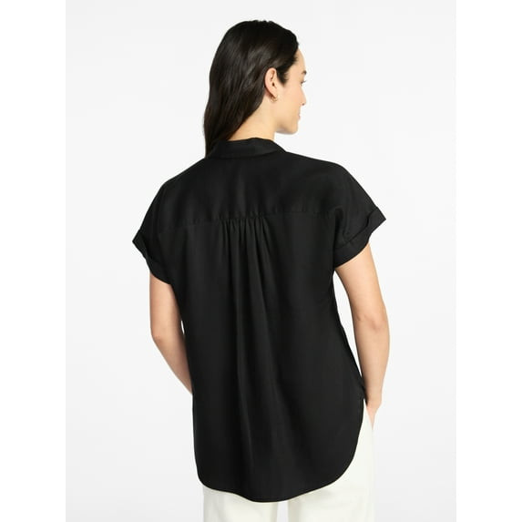 TIME AND TRU WOMEN'S CHAMBRAY CAMP SHIRT SIZE: L - BLACK SOOT WASHED New