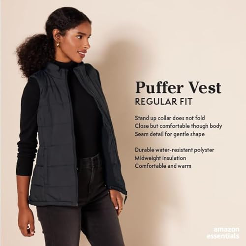 AMAZON ESSENTIALS WOMEN'S MID-WEIGHT PUFFER VEST SIZE: WOMEN M - BLACK New