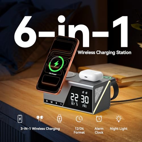 4URPC 6-IN-1 ALARM CLOCK WIRELESS CHARGING APPLE DEVICES - GRAY/BLACK