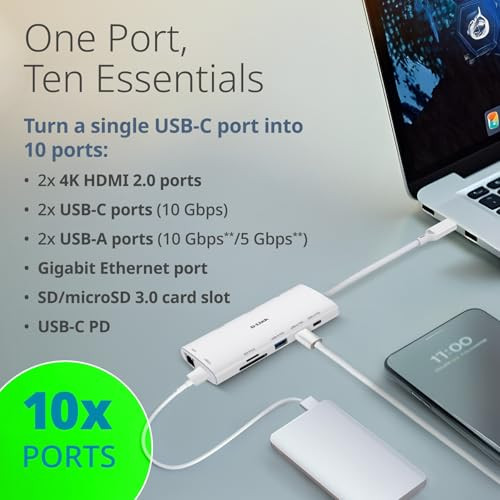 D-Link 10-in-1 USB-C Hub Max 100W Power Delivery Dual 4K HDMI Ports DUP-A01