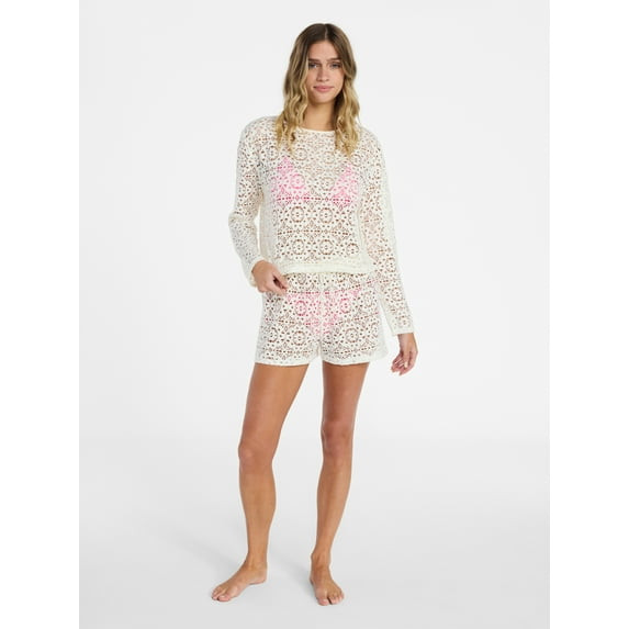NO BOUNDARIES CROCHET COVERUP TOP WITH LONG SLEEVES, WOMEN'S 2XS - FRESH IVORY New