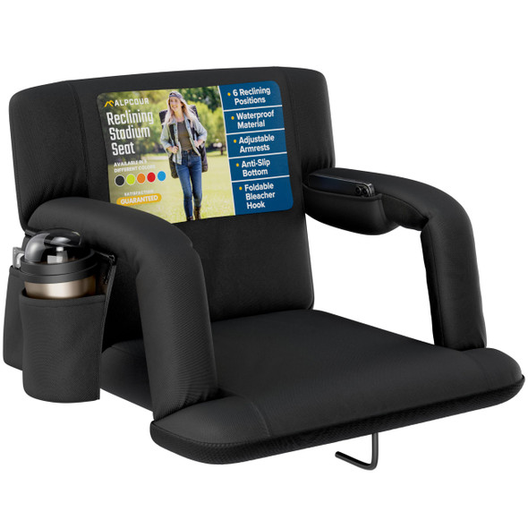 ALPCOUR RECLINING STADIUM SEAT ARMRESTS SIDE POCKETS - BLACK New