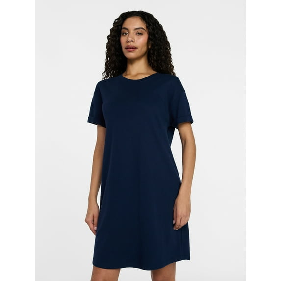 TIME AND TRU COTTON T-SHIRT DRESS WITH SHORT SLEEVES - SIZE: WOMEN M - DARK NAVY New