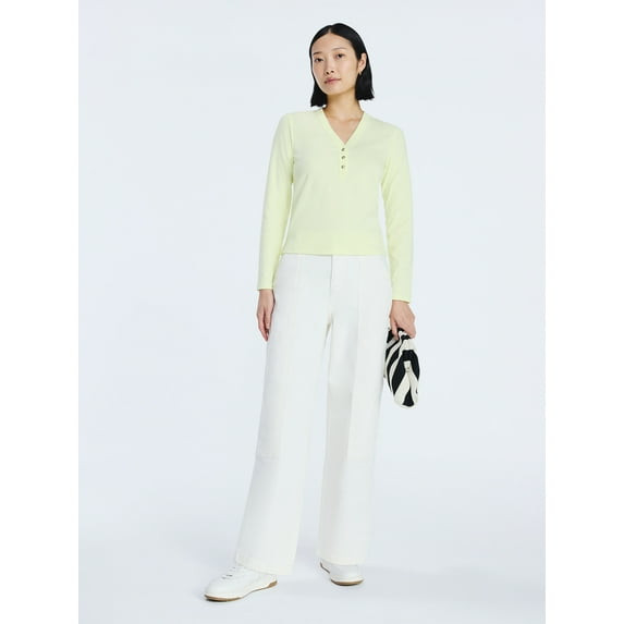 FREE ASSEMBLY CROPPED STRAIGHT LEG UTILITY JEANS - SIZE: WOMEN L - VANILLA CREAM New