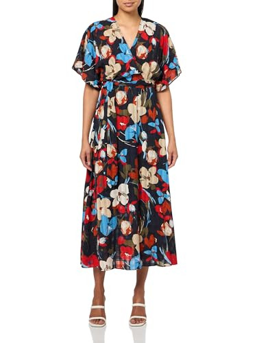 HALSTON WOMEN'S SHORT SLEEVE V-NECK CHIFFON DRESS HD5EXB9B SIZE 14 MARINE MULTI New