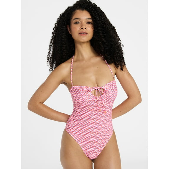 NO BOUNDARIES SPORTY GEO KEYHOLE SURF PINK SIZE SMALL 4-6 SWIMSUIT - SURF PINK New