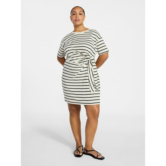 TERRA & SKY PLUS FRONT TWIST DRESS SHORT SLEEVE SIZE 4X - PAPYRUS BEIGE STRIPE New