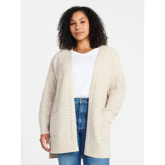 TIME AND TRU OPEN FRONT CARDIGAN SWEATER LONG SLEEVES SIZE: M - OATMEAL HEATHER New