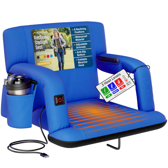 Alpcour Heated Reclining Stadium Seat for Bleachers, Size 21, Royal Blue