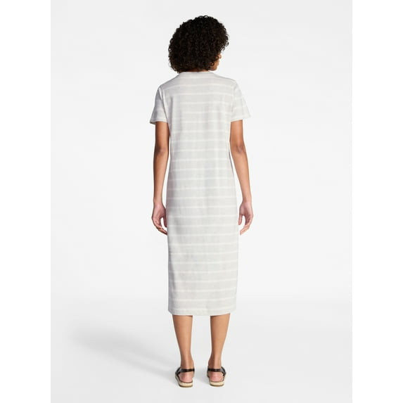 TIME AND TRU COTTON MIDI T-SHIRT DRESS SIZE: M - LIGHT OATMEAL HEATHER STRIPE New