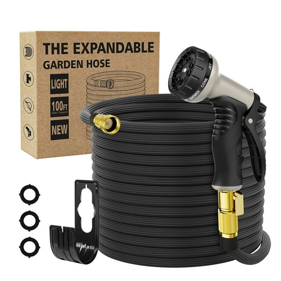 EXPANDABLE GARDEN HOSE 100FT WITH 10-FUNCTION NOZZLE - BLACK SILVER New