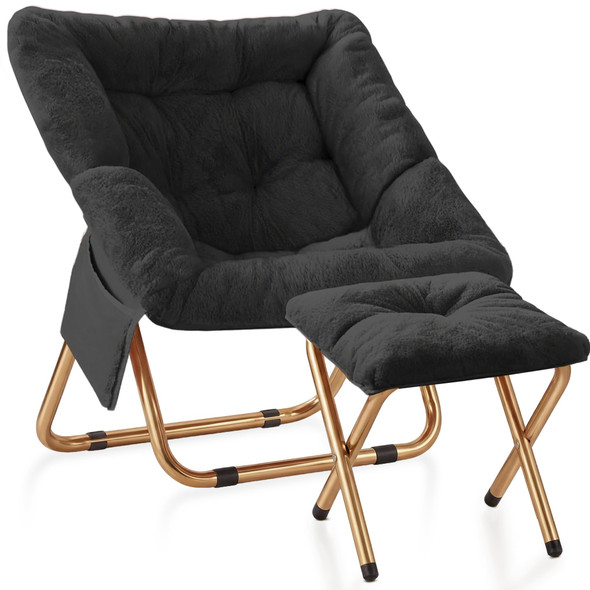 KASUNPUL COMFY SAUCER CHAIR FOLDABLE LIVING ROOM CHAIRS SOFT FAUX FUR - BLACK