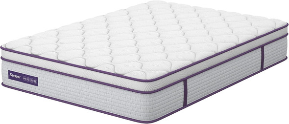 SERSPER FULL MATTRESS 12IN,5-ZONE POCKET SPRING HYBRID MATTRESS - WHITE, PURPLE New
