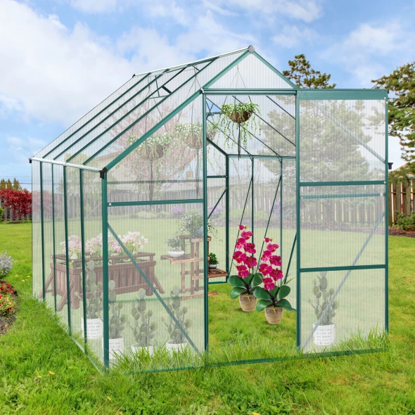 ALUMINUM 6×10 FT OUTDOOR PATIO WALK-IN SPACIOUS GREENHOUSE - GREEN