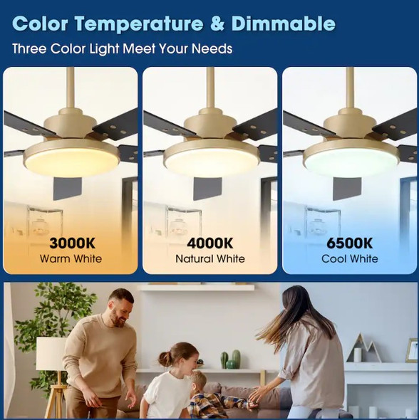 VACZON - 52" MODERN 6 SPEED DC MOTOR SMART CEILING FAN WITH LIGHT - GOLD