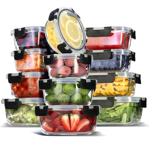 EATEX 24PC GLASS FOOD STORAGE CONTAINERS, 12 LIDS EACH, JET BLACK