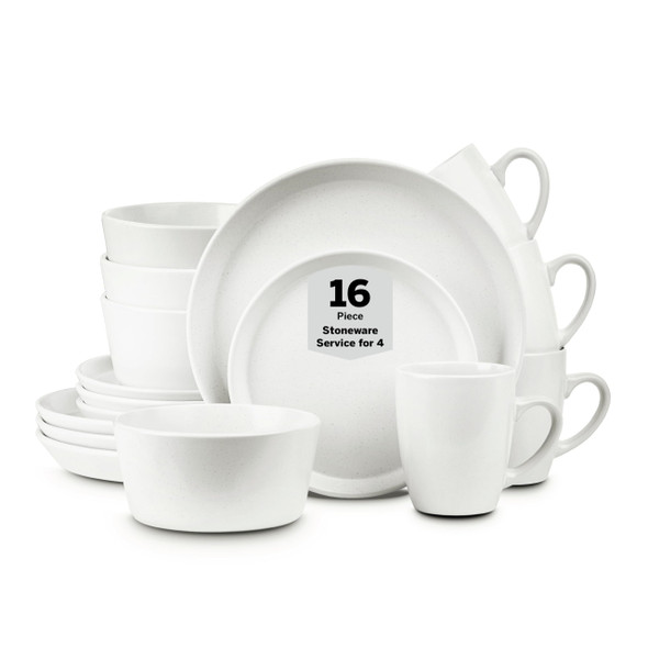 STONE LAIN ALBIE STONEWARE 16 PIECE MODERN DINNERWARE SET WHITE SPECKLED
