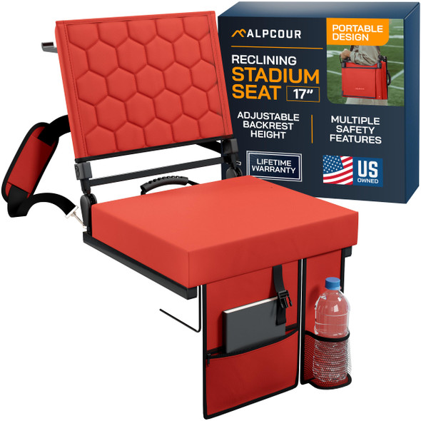 ALPCOUR FOLDING RECLINING STADIUM SEATS BACK SUPPORT BLEACHER CHAIRS - RED