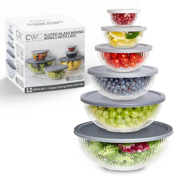 COOK WITH COLOR 12 Pc Glass Mixing Bowl Set with Lids YFGSAL12-GRY - Grey