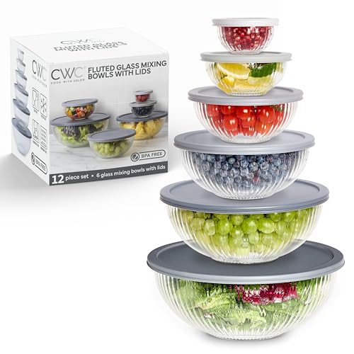 COOK WITH COLOR 12 Pc Glass Mixing Bowl Set with Lids YFGSAL12-GRY - Grey