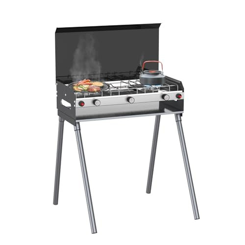 CAMPLUX 2 Burners & 1 Grill Propane Camping Stove, 15,000 BTU - Black