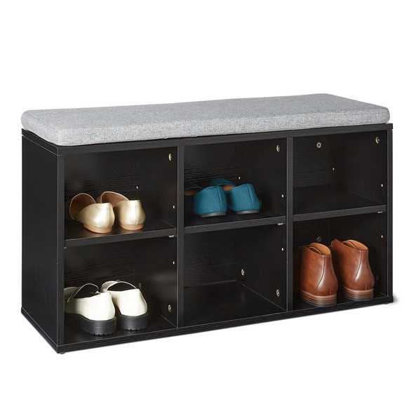 AMAZON BASICS SHOE STORAGE BENCH CUSHION 6 CUBBIES ADJUSTABLE BLACK - BLACK