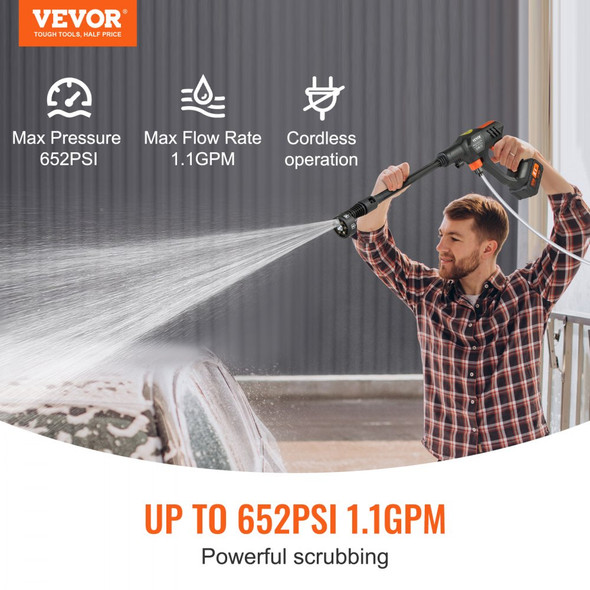 VEVOR CORDLESS PRESSURE WASHER, 652-PSI 1.1 GPM PORTABLE - BLACK/ORANGE