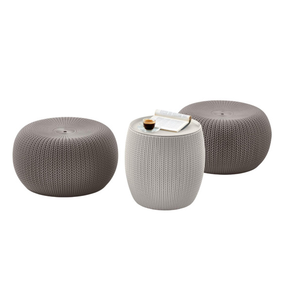 KETER URBAN KNIT POUF OTTOMAN SET OF 2 WITH STORAGE TABLE - CREAM & TAUPE