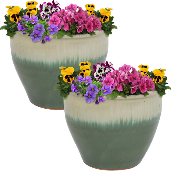 Sunnydaze Round Ceramic Planter, Set of 2 Plant Pots, AP-872 - Seafoam Glaze